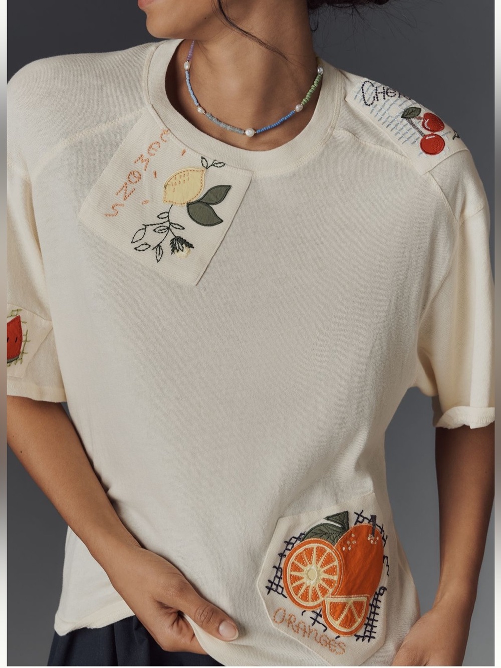 Anthropologie Maeve Short Sleeve Fruit Embroidered Top Tee Tshirt Cream Small